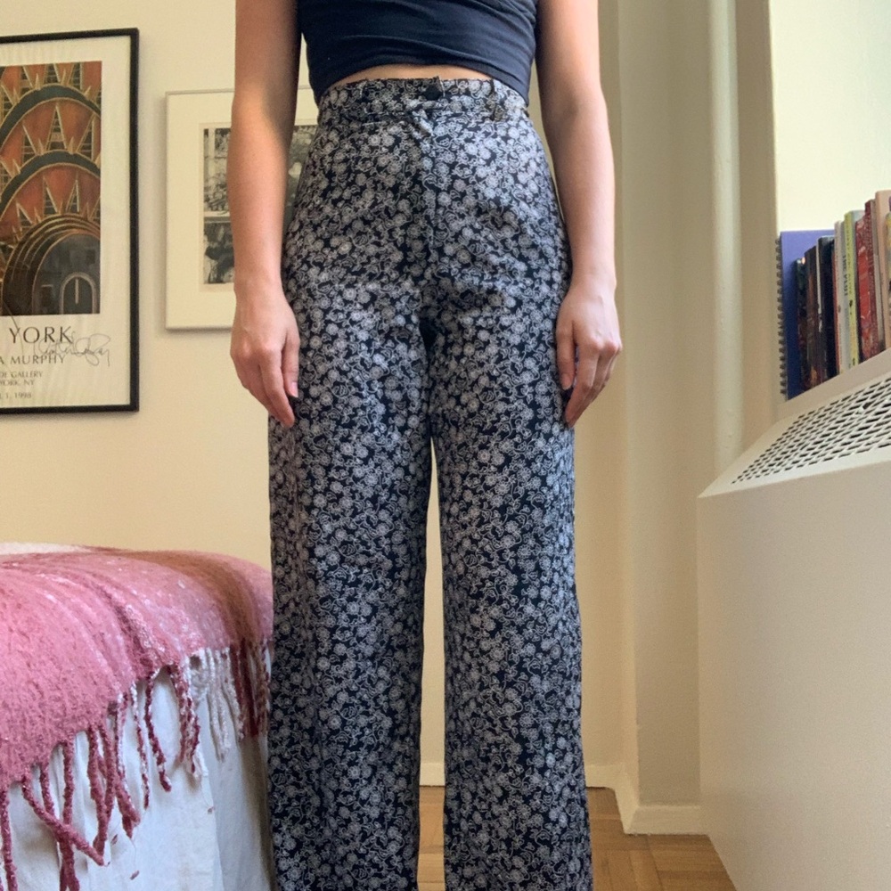 90’s Black & White Floral High-Waist Wide-Leg Pants